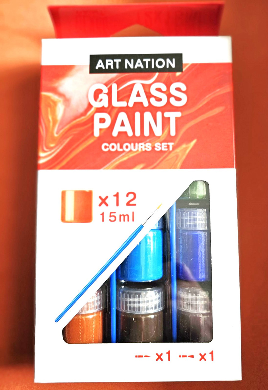 Набір фарб для скла, 12 кольорів по 15 мл + 2 пензлика GAS1215  Art Nation