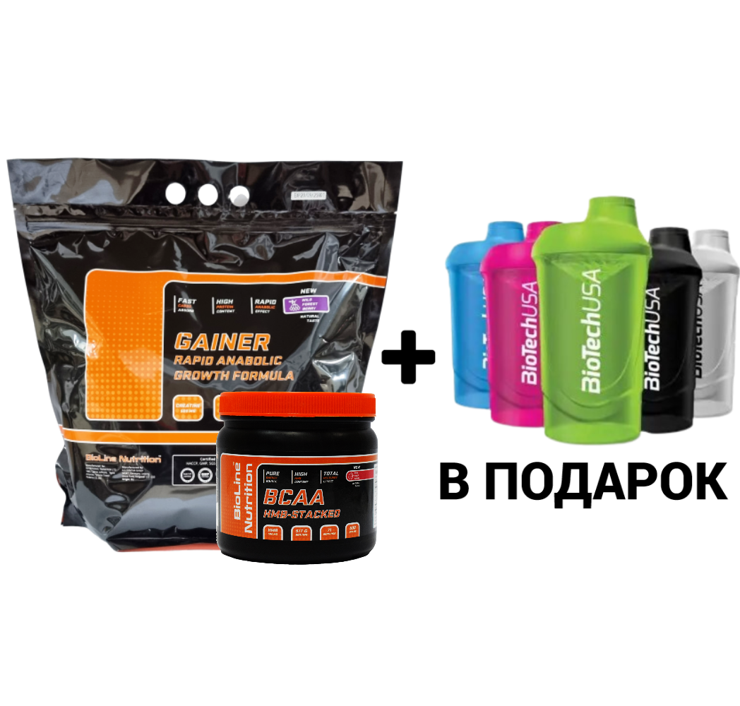 Гейнер для набору маси, 3 кг. + BCAA 2:1:1 0,5 кг + Шейкер у подарунок! BioLine Nutrition