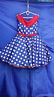 Детское нарядное атласное платье с бантиком ГОРОХ для девочки 6-7 лет, синее с красным