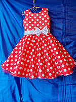 Платье нарядное подростковое атласное с бантиком ГОРОШЕК для девочки 9-10 лет, красного цвета
