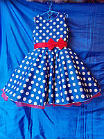 Платье нарядное подростковое атласное с бантиком ГОРОШЕК для девочки 9-10 лет, синего цвета