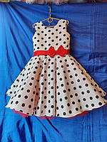 Платье нарядное подростковое атласное с бантиком ГОРОШЕК для девочки 9-10 лет, белого цвета
