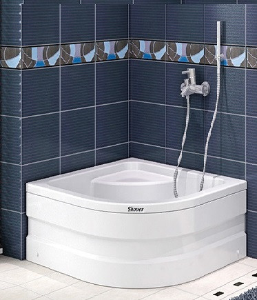 Душовий піддон 90x90x45см глибокий акриловий з сидінням Shower Cellesse з передньою панеллю каркасом ніжками