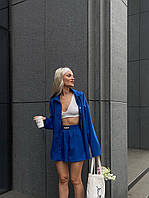 Электрик женский трендовый летний костюм с удлинённой рубашкой на пуговицах и шортами с карманами из льна