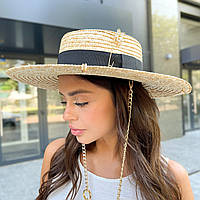 Шляпа женская летняя канотье с широкими полями 10см солома, декором и цепочкой