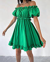 Зелена легка жіноча вільна коротка сукня з американського крепу із завищеною талією на гумці
