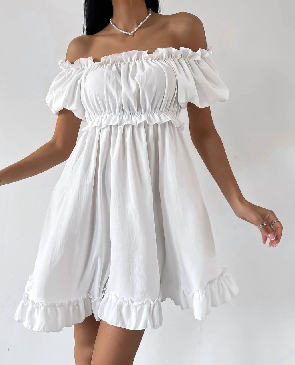 Літня легка ніжна сукня білого кольору з американського крепу з гумкою на талії та плечах, фото 1