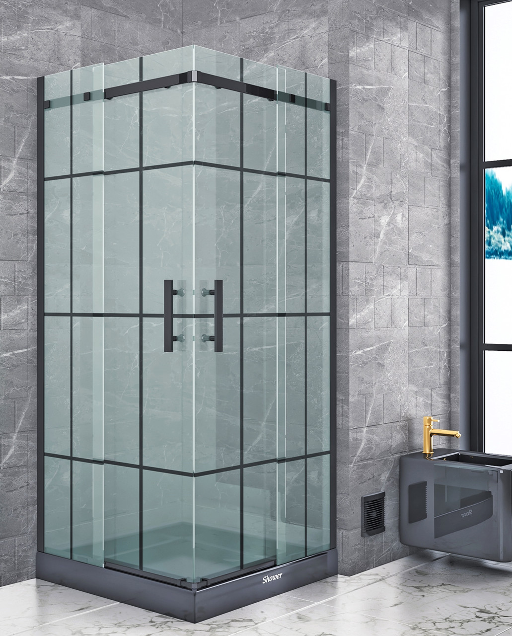 Душова кабіна 90x90х190 см без піддону Shower Merkur квадратна загартоване скло 6мм чорний профіль