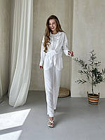Женский костюм с широкими штанами и рубашкой из льна белый Merlini Лечче 100000542 размер S/M
