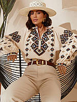 Женская вышиванка блуза с яркой вышивкой на завязках с длинным рукавом. Размер L. XXL
