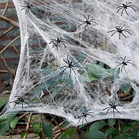 Паутина с пауками на Хэллоуин 13642 белая 200 г 30 пауков lk