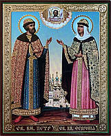 Петр и Феврония покровители семьи и брака икона святых с молитвой 10х12 в ламинате