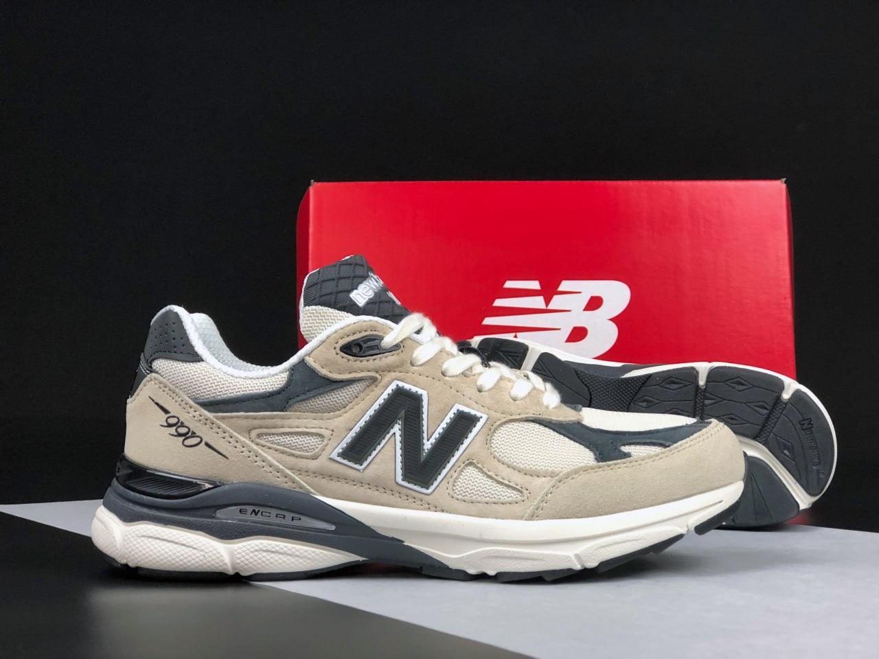 Мужские стильные легкие качественные демисезонные кроссовки New Balance 990, замш сетка бежевые - фото 2 - id-p2190336515