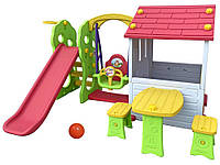 Большой садовый домик 5-в-1 для детей + горка + баскетбольный мяч + сад + стол + 2 стула Ramiz Красный