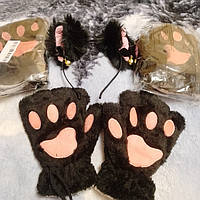 Набор кошачьи ободок Ушки и Перчатки черные, костюм карнавальный, нарядный кот, аниме, косплей код 359