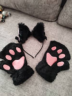 Набор кошачьи ободок Ушки и Перчатки черные, костюм карнавальный, нарядный кот, аниме, косплей код 6326