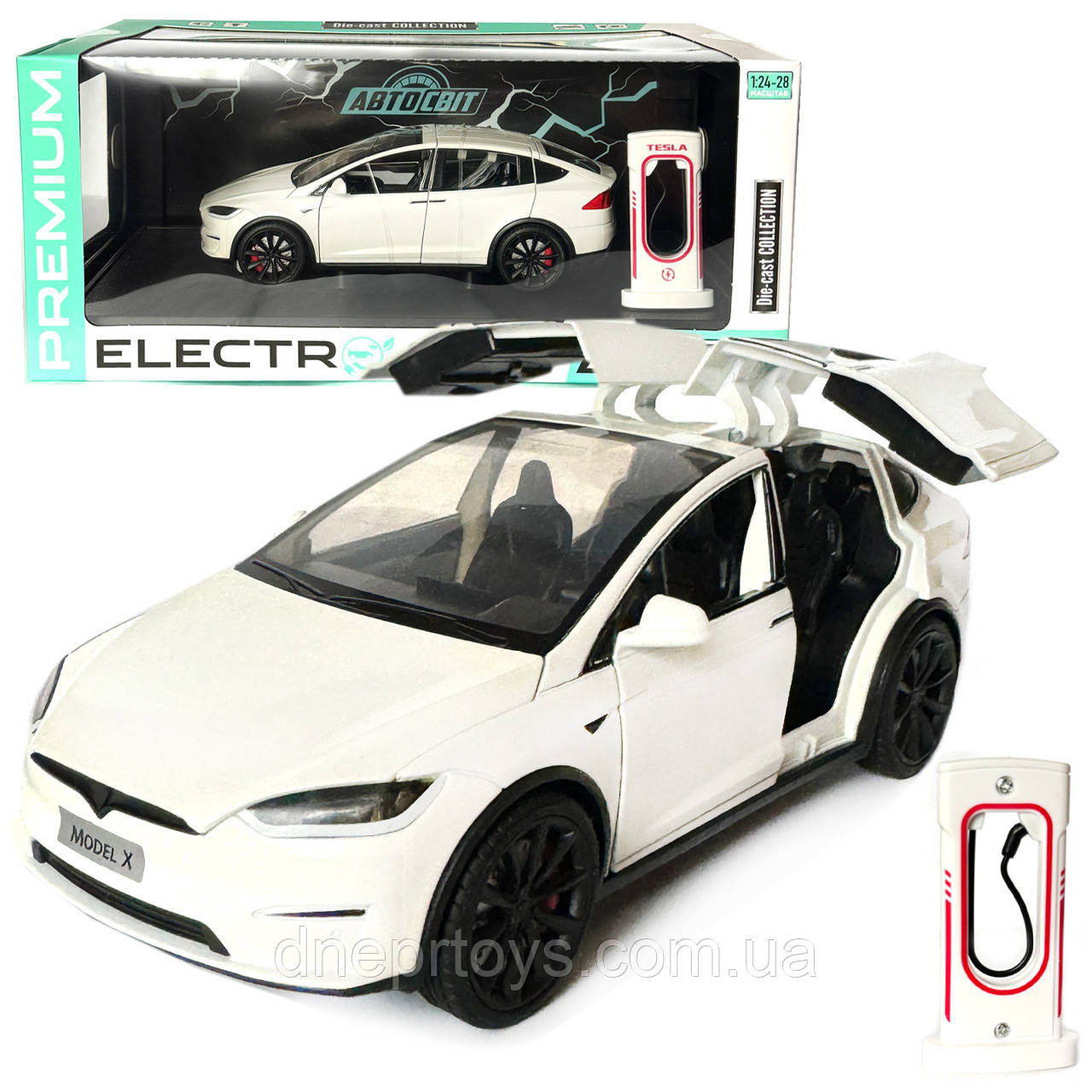 Машинка металева Tesla Model X Electrocar Тесла Модель X Електрокар біла 1:24 зарядна станція звук світло відч двері капот