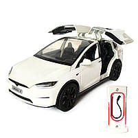 Машинка металева Tesla Model X Electrocar Тесла Модель X Електрокар біла 1:24 зарядна станція звук світло відч двері капот, фото 5