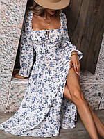 Красива нарядна жіноча приталена легка сукня із софту довжини міді з розрізом по нозі Квітковий Принт