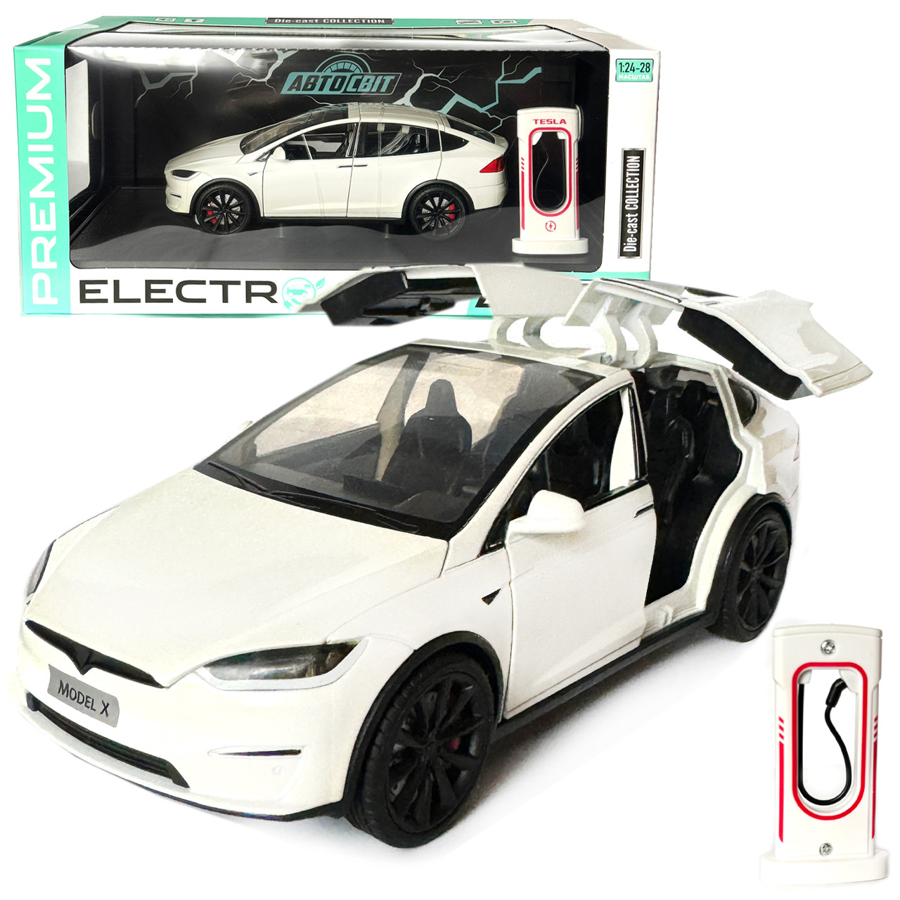 Машинка металева Tesla Model X Electrocar Тесла Модель X Електрокар біла 1:24 зарядна станція звук світло відч двері капот, фото 1