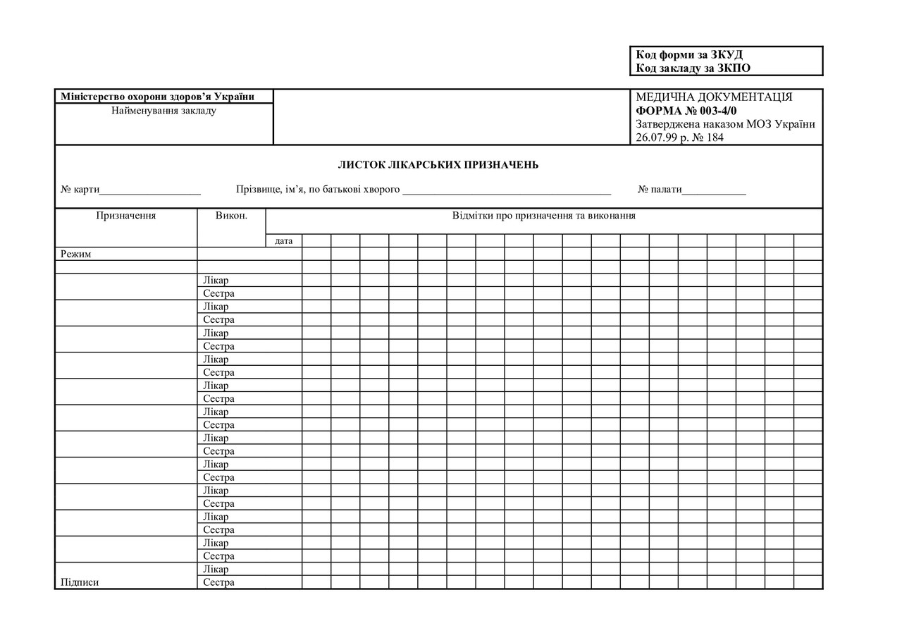 Листок лікарських призначень форма №003-4/o
