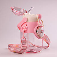 Бутылка для воды с трубочкой 820 мл детская фляга прозрачная для напитков с дозатором и ручкой Розовый Lodgi