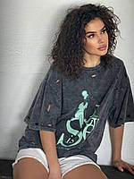 Женская футболка стиль тай-дай варенка с порезами оверсайз фабричная отличного качества