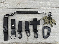 Набор тактических карабинов на черной стропе / карабины+держатель для перчаток+страховой шнур