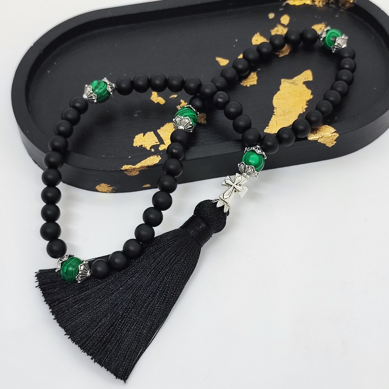 Чітки ручної роботи з каменю малахіту та чорного оніксу на 50 бусин, фото 1