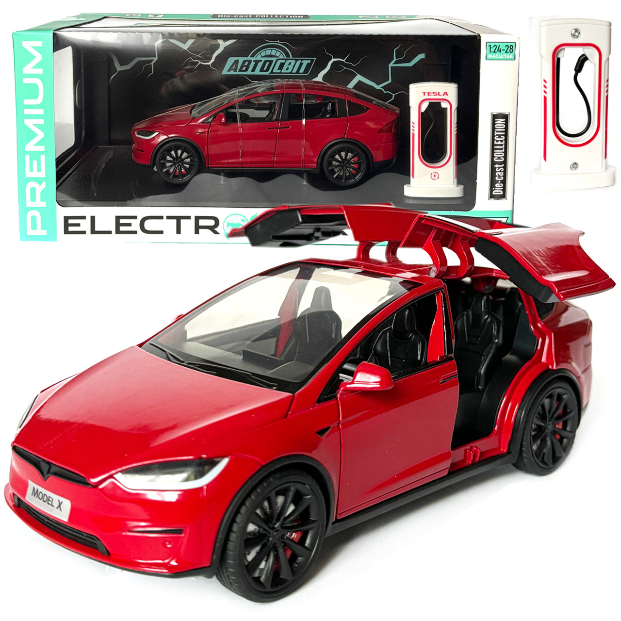 Машинка металева Tesla Model X Electrocar Тесла Модель X Електрокар червона 1:24 зарядна станція звук світло відч двері капот, фото 1