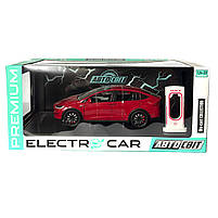Машинка металева Tesla Model X Electrocar Тесла Модель X Електрокар червона 1:24 зарядна станція звук світло відч двері капот, фото 9