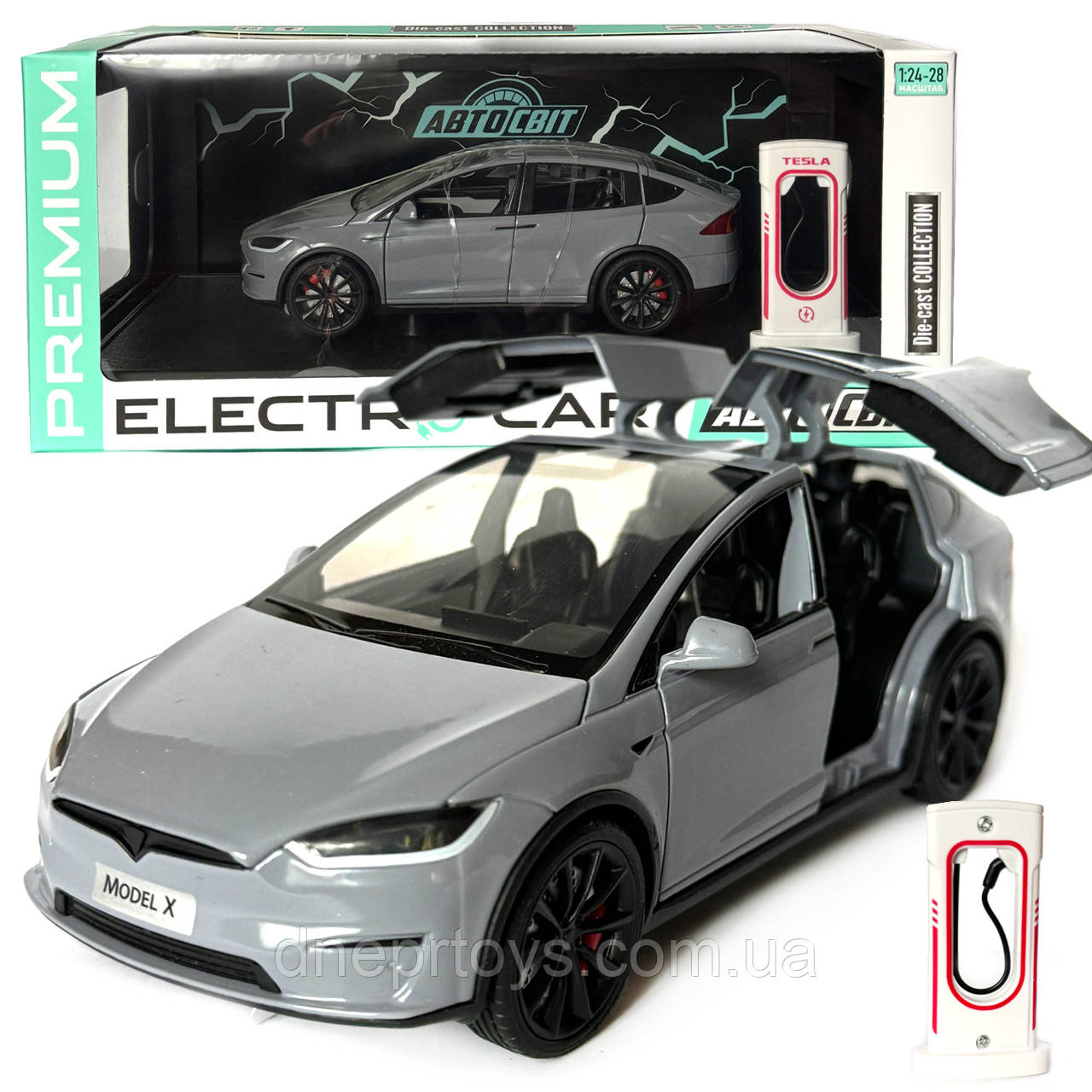 Машинка металева Tesla Model X Electrocar Тесла Модель X Електрокар сіра 1:24 зарядна станція звук світло відч двері капот