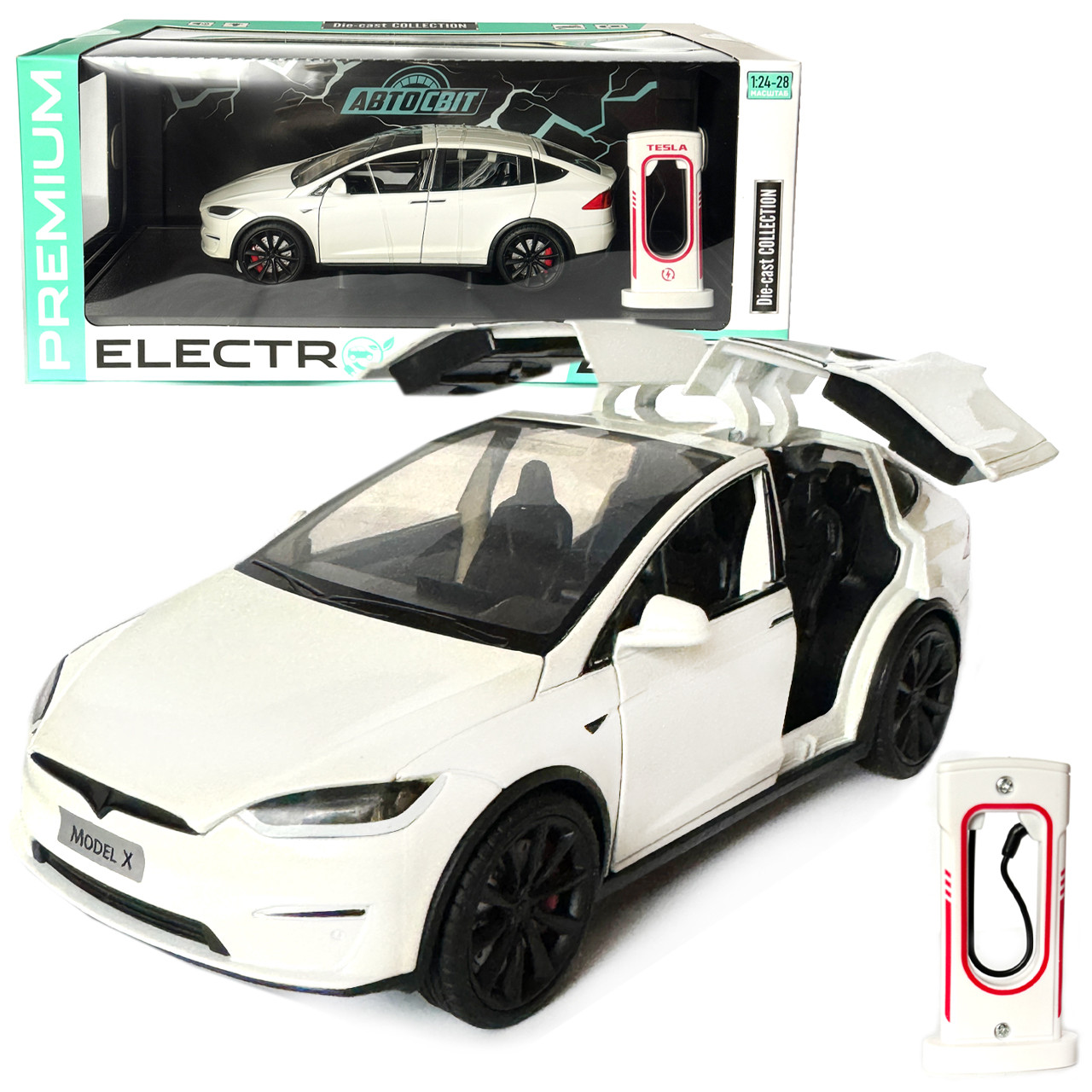 Машинка металева Tesla Model X Electrocar Тесла Модель X Електрокар біла 1:24 зарядна станція звук світло відч двері капот