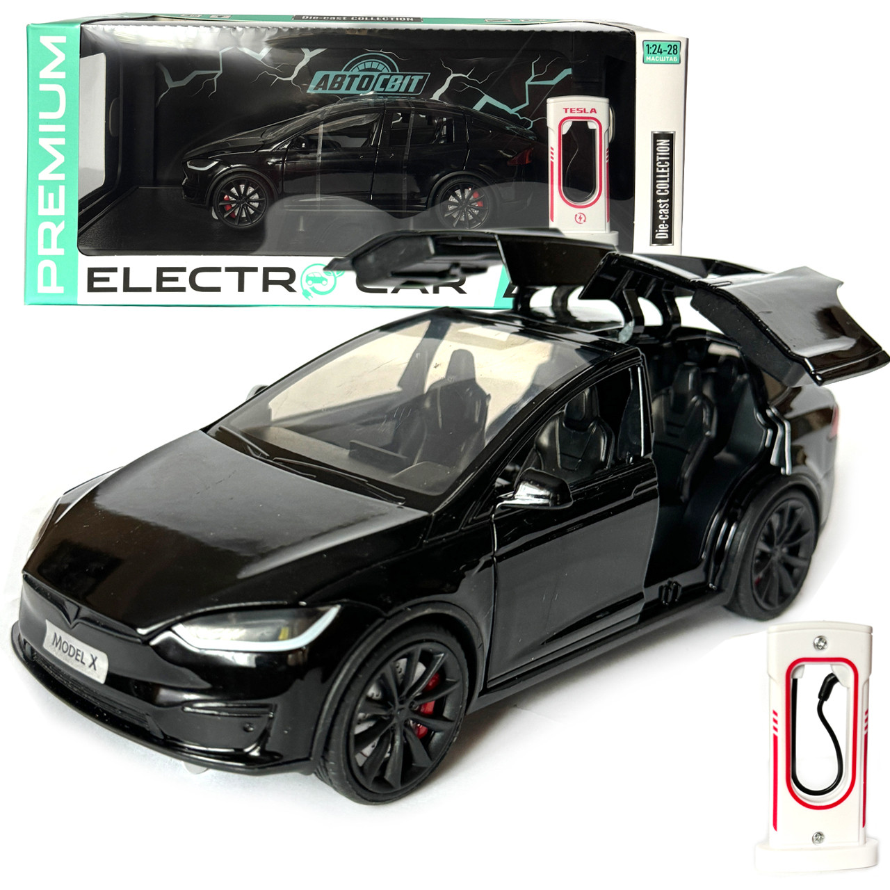 Машинка металева Tesla Model X Electrocar Тесла Модель X Електрокар чорна 1:24 зарядна станція звук світло відч двері капот, фото 1