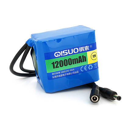Акумуляторна батарея літієва QiSuo 12V 12A з елементами Li-ion 18650, DC5.5x2.1, (79x57x68mm), фото 1