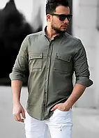 Чоловічі сорочки з тонкого джинсу кольору хакі з кишенею M L XXL 32-214-502