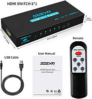 Переключатель HDMI SGEYR 5x1 Переходник HDMI 5 в 1 Переключатель HDMI, 5 портов