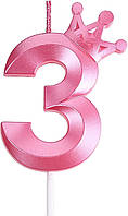 3,15-дюймовые розовые 3 свечи на день рождения, 3D-корона с номером 3, топпер для торта
