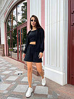 Прогулочный летний женский костюм однотонный - кофта, топ, шорты (Размеры XS-S,M-L), Черный