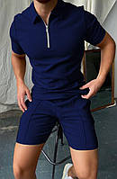 Летний мужской костюм шорты + футболка поло повседневный трикотажный комплект London синий