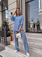 Женская стильная рубашка блузка "Леня" однотонная из жатка лен (Размеры 40,42,44), Джинс