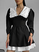 Черное платье мини кроя клеш с контрастным подьюбником и отложным большим белым воротником 46/48