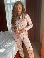 Розовая с принтом пижама женская шелковая с брюками Красивый домашний костюм штаны и рубашка с пуговицами