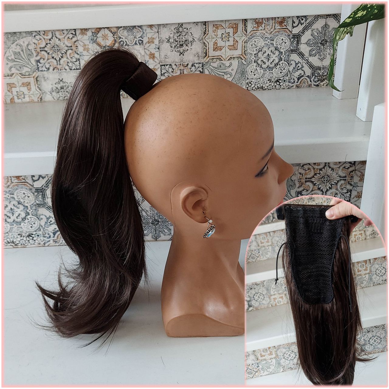 Хвіст прямий каскад на зажимі пружинці шоколадний F-87- 6, фото 1