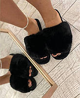 Жіночі пухнасті капці домашні тапочки хутро тапки чорні 36 37 38 39 40 41 розміри
