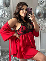 ЖЖіноча піжама халат +нічна сорочка №349/14 шовк (50-52, 54-56, 58-60 розмір червоний та чорний)
