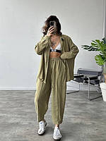 Легкий льняной костюм: удлиненная рубашка + брюки лен-жатка олива