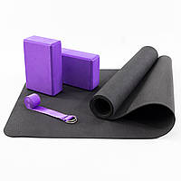 Килимок для йоги (каремат для фітнесу) + блок для йоги 2шт + ремінь для йоги OSPORT Set 85 (n-0115) Чорно-фіолетовий