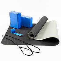 Килимок для йоги (каремат для фітнесу) TPE + блок для йоги 2шт + ремінь для йоги OSPORT Set 87 (n-0117) Сіро-синій