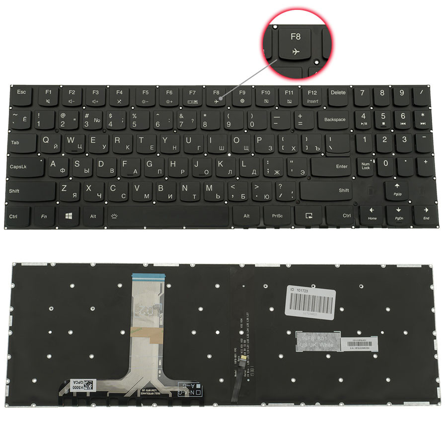 Клавіатура для ноутбука LENOVO (Legion: Y530-15) rus, black, без фрейма, підсвічування клавіш(оригінал) (black bezzel)